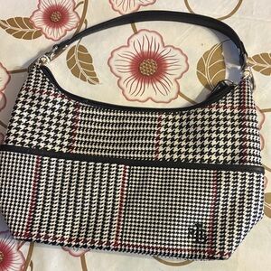 Women's Black & White Houndstooth Shoulder Bag with Red Accents